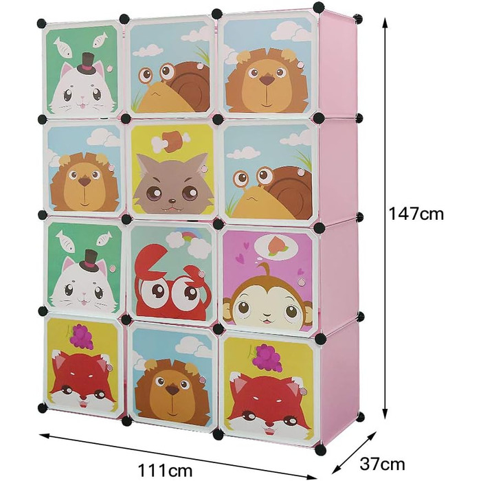 Дитяча шафа для зберігання Glit, 12 кубиків, модульна шафа з дверцятами, тваринні мотиви, пластикова полиця для іграшок, одягу та