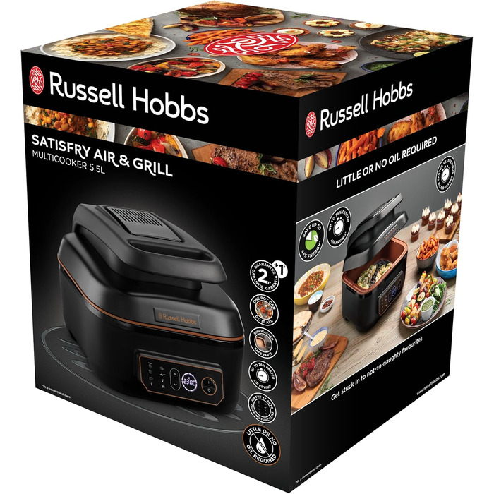 Аерофритюрниця Russell Hobbs XL 5.5 л Multi Аерофритюрниця, гриль та мультиварка SatisFry (можна мити в посудомийній машині, верхній і нижній нагрів, без струшування, повільна плита, випічка тощо, включаючи пластину для гриля) 26520-56