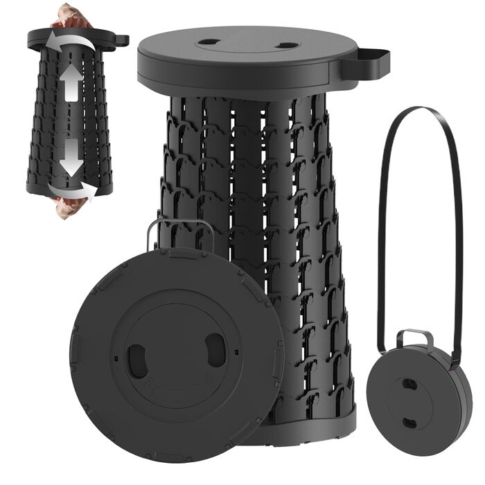 Портативний телескопічний стілець, портативний складаний стілець, висувний складаний стілець для кемпінгу, риболовлі, подорожей, барбекю, походів, регульований складаний стілець, складний стілець, вантажопідйомність 280 кг з карабіном, чорно-білий, 25x25x