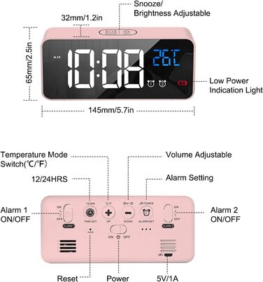 Цифровий будильник LATEC з великим світлодіодним дисплеєм температури, настільний годинник з 10 музикою, USB-порт для зарядки, 4 регульовані яскравість і гучність, Snooze, портативний дзеркальний будильник з 2 будильниками, 12/24HR (рожевий)