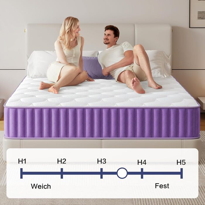 Матрац 160x200 см, рівень жорсткості H4, пружинний матрац, висота 25 см з піною з ефектом пам&39яті, 7-зонний пружинний матрац кишенькової форми з високоякісною піною для підтримки спини, ергономічна підтримка, 160x200x25 см, 25 см (фіолетовий)
