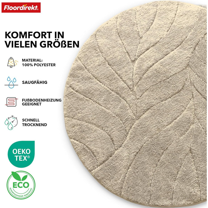 Килимок для ванної Floordirekt - Надзвичайно пухнастий та швидковисихаючий - Килимок для ванної кімнати з нековзною основою - Килимок для ванної Килимок для душу (Maris) (Слонова кістка, круглий 120 см)