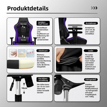 Геймерське крісло, офісне крісло з функцією гойдання до 170, геймерське крісло з регульованою поперековою подушкою, підголівником та підлокітниками, зручна подушка сидіння, геймерське крісло вантажопідйомністю 150 кг