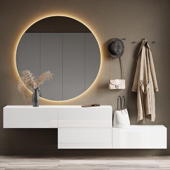 Шафа для передпокою Planetmbel 2 шт. 160 см вкл. дзеркало кругле з підсвічуванням 100 см, біла, меблі для передпокою з дзеркалом,