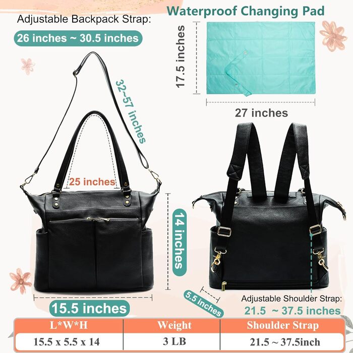 Пеленальна сумка MOMINSIDE, сумка-сумка, шкіряна пеленальна сумка, рюкзак з 14 кишенями для мами, тата, список бажань для дитини,