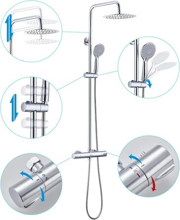 Душова система Ulytid з термостатом, душовий набір тропічний душ з кріпленням, повний набір душової арматури душовий набір, душовий набір з ручним душем 3 типи струменя, круглий тропічний душ 25 см з нержавіючої сталі, хромований