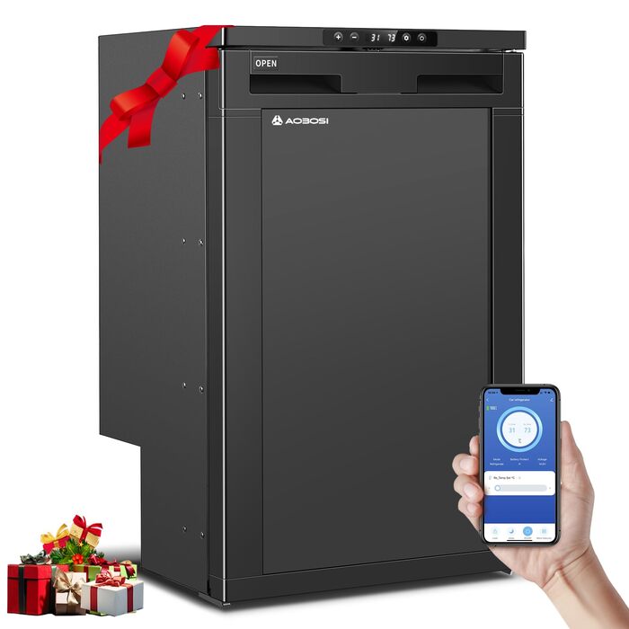 Компресорний холодильник AAOBOSI 83L, холодильник для кемпера з керуванням за допомогою застосунку, 12/24 В постійного струму, автомобільний холодильник зі світлодіодним підсвічуванням, охолоджує до -20 для автомобіля, вантажівки, човна, автофургона, кемп