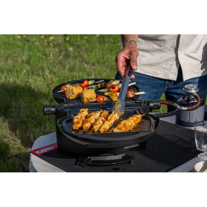 Кемпінговий гриль NOMADIQ Настільний гриль Компактний 2 конфорки Газовий гриль для кемпінгу Газовий гриль для балкону, автофургона Гриль-плита, портативна, для вулиці, барбекю, вулична плита, чорний колір
