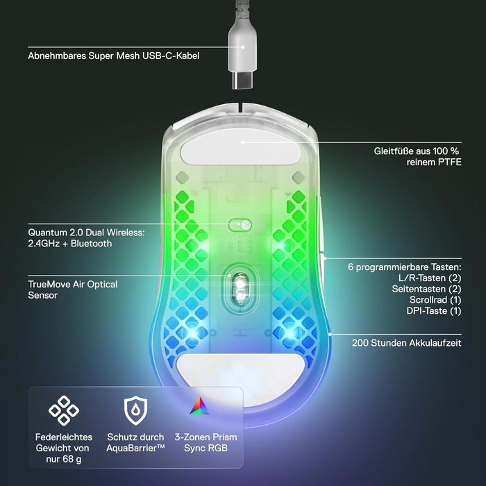 Ігрова миша з отворами на поверхні - Легка, водовідштовхувальна конструкція з пером - Оптичний датчик TrueMove Air з роздільною зд