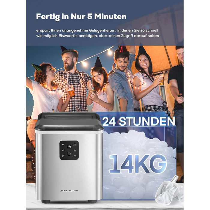 Машина для льоду з нержавіючої сталі з 2 розмірами кубиків льоду, 14 кг 24 шт. , самоочищення, 9 кубиків льоду за 6 хвилин, LED-дисплей, резервуар для води 2 л, льодогенератор із черпаком для льоду та кошиком, льодогенератор NORTHCLAN