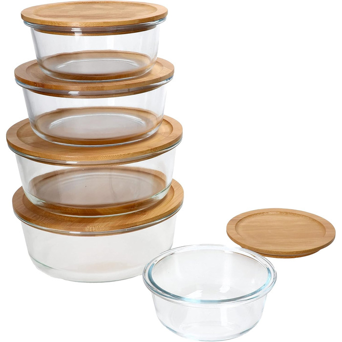 Круглі контейнери для зберігання Ritzenhoff & Breker Esperanza, 5 шт. Скляні банки з дерев&39яними кришками 2 шт. по 1,25 л, по 900 мл, по 620 мл та по 300 мл Кришка з екологічно чистого бамбука зі скляною мискою Контейнер для делікатесів, хлібниця