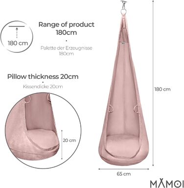 Підвісне крісло для приміщень з мякою подушкою, елегантне підвісне сидіння з ручками, преміальний оксамит, міцна конструкція з підвісним елементом, рожевий