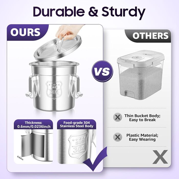 Відро MINRS 6 л з кришкою, герметична каністра, харчовий контейнер з нержавіючої сталі для кухні, кухонне відро з нержавіючої сталі, контейнер для борошна, кухонне відро з кришкою та затискачем, 20*20*20 см