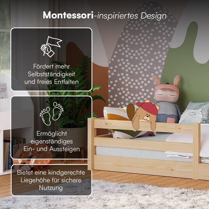 Ліжко Bellabino Iskri на підлозі 90x200 см Дитяче ліжко Монтессорі із захистом від падіння та рейковою основою Дерев&39яне ліжко для хлопчиків та дівчаток з масиву сосни натурального кольору Дитяче ліжко натурального кольору 90x200 см без матраца
