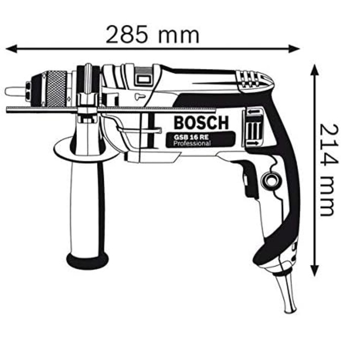 Професійний ударний дриль Bosch GSB 16 RE (у комплекті швидкозатискний патрон 13 мм, обмежувач глибини 210 мм, додаткова рукоятка,