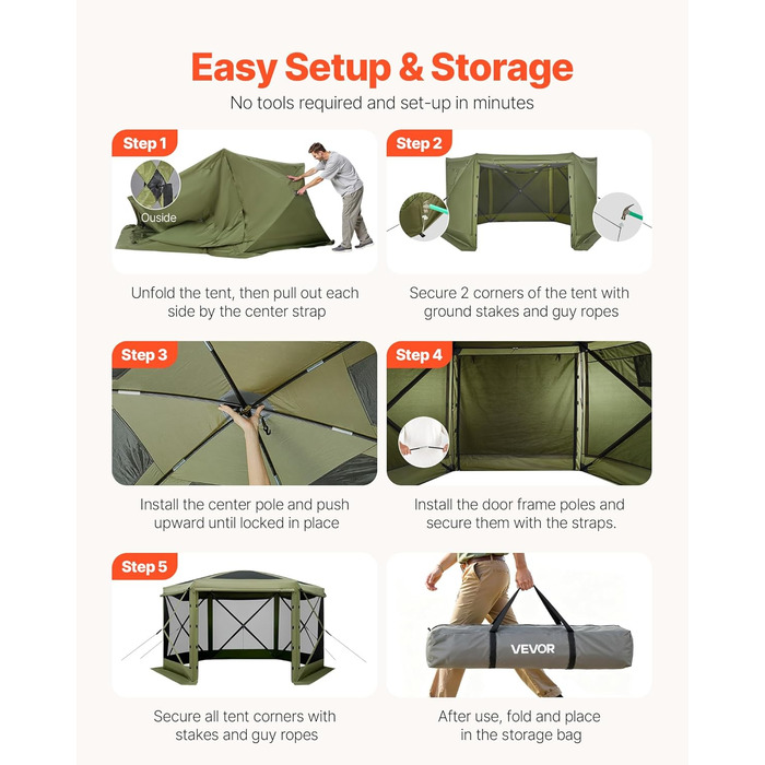 Розкладний павільйон VEVOR, 3,6x3,6 м, великий 6-сторонній кемпінговий намет зі знімним дахом та сумкою для перенесення, намет для вечірок, сонцезахисний тент на 8-10 осіб, для саду та тераси, зелений