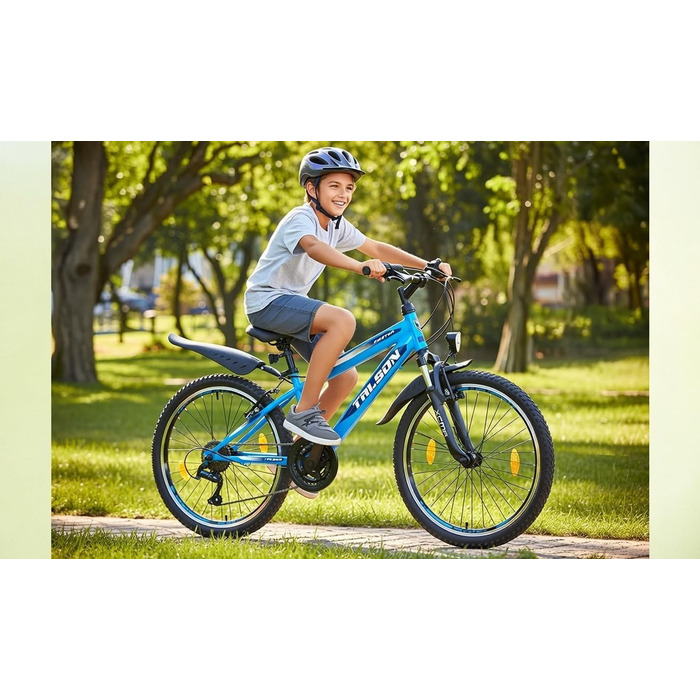 Гірський велосипед Talson 24 дюйми з 21-швидкісною Shimano, передньою підвіскою та ліхтарями, синього кольору