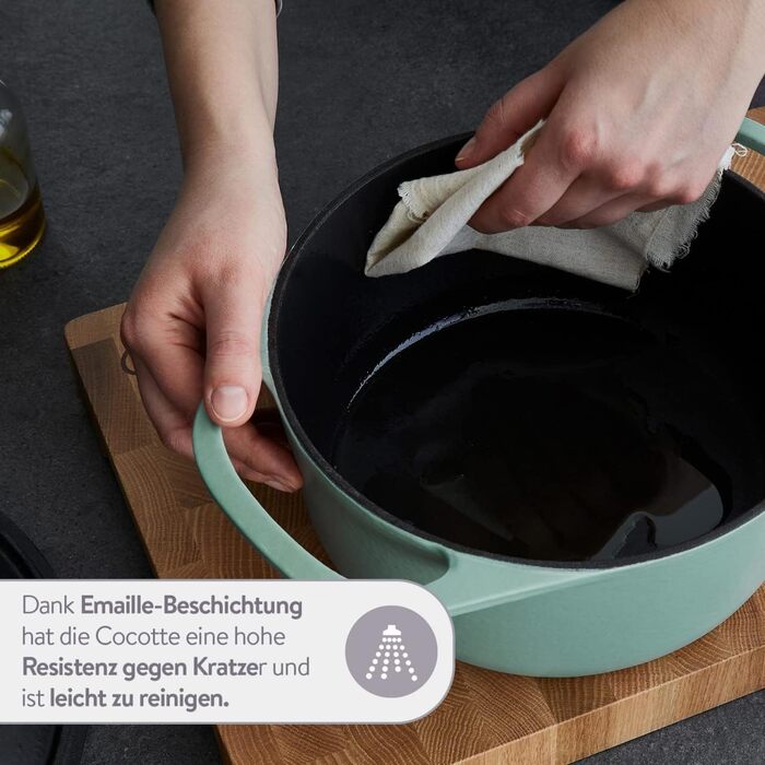 Кокотниця з кришкою, м'ятна, кругла, 28 см, 6 л, чавунна жаровня, індукційна каструля. 28 см м'ята