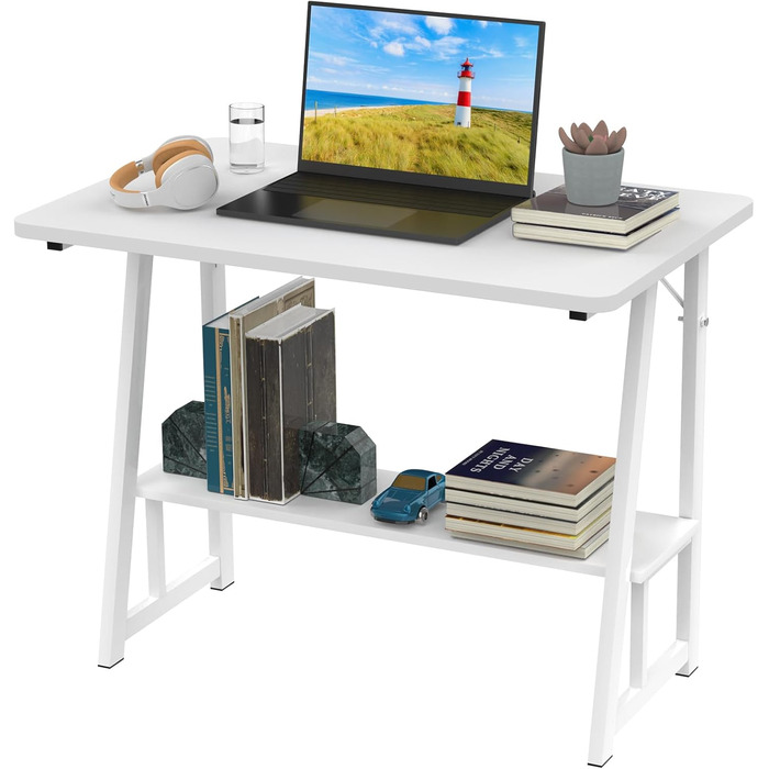 Білий стіл з книжковою полицею, комп&39ютерний стіл з полицею, комп&39ютерний стіл з полицею, ергономічний стіл для ноутбука, офісний стіл 80x50x73см, робочий стіл для домашнього офісу, вітальня білий 80x50x73см