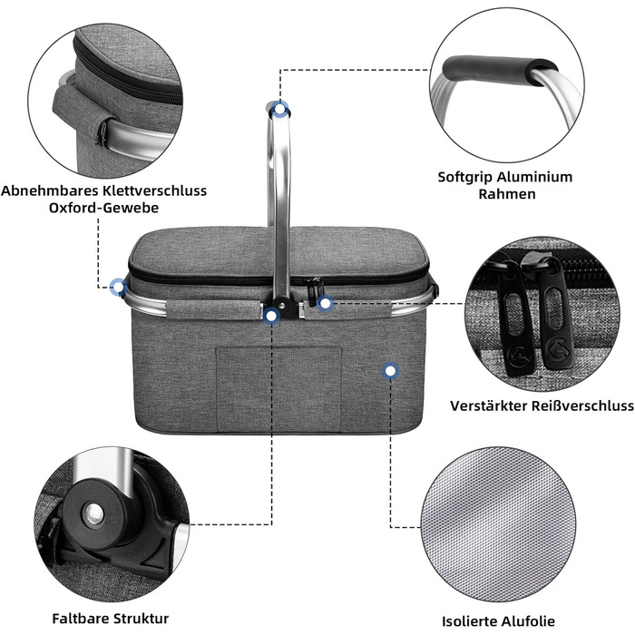 Велика складна ізольована сумка-холодильник - кошик для покупок з кришкою, знімний кошик для пікніка на 2 особи, кошик-холодильник з алюмінієвою рамою, потовщений термокошик - з 2 пакетами льоду XL чорного кольору