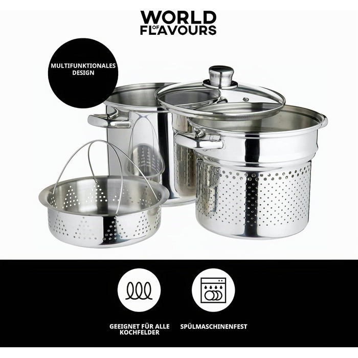 Каструля для пасти KitchenCraft World of Flavours з дуршлагом та паровою корзиною для овочів у подарунковій коробці, нержавіюча сталь, під індукцію, 4 л