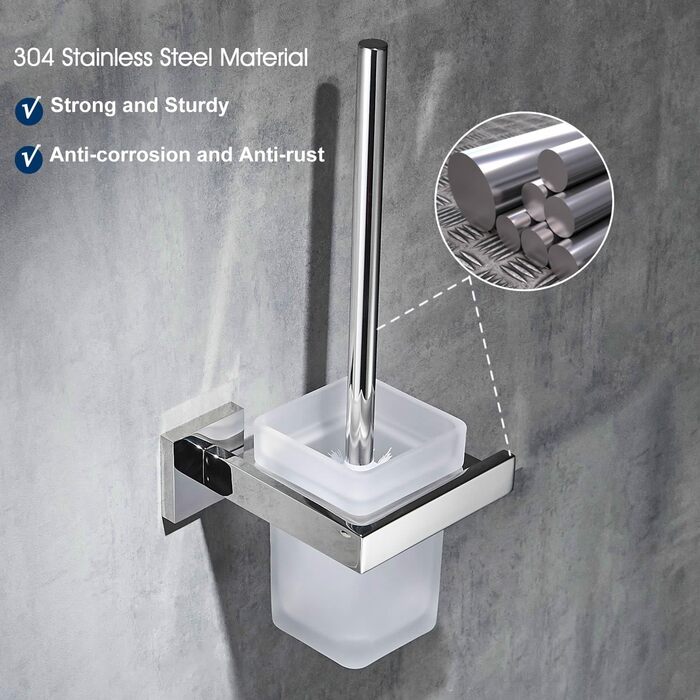 Туалетна щітка і тримач Настінний щіткотримач, хром, туалетний набір Набір туалетних щіток з нержавіючої сталі 304 і матового скла для ванної кімнати