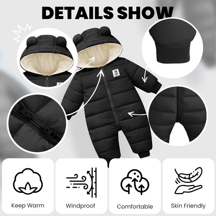 Дитячий зимовий комбінезон з капюшоном, зимовий комбінезон для хлопчиків та дівчаток, комбінезон з довгими рукавами, теплий одяг, подарунок, 9-12 місяців (), чорний