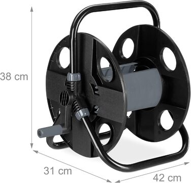 Котушка для шланга Relaxdays, 30 м, 1/2, сталь, пластик, тримач шланга, 38 x 42 x 31 см, чорний/сірий