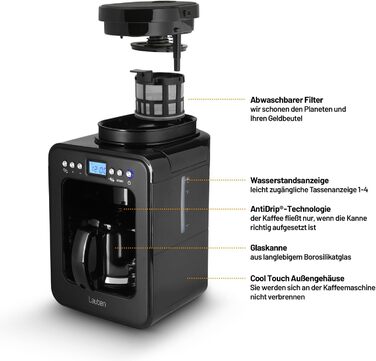 Кавоварка Lauben Grind&Drip 600BB, Кавоварка з вбудованою кавомолкою, Фільтр, що миється, Автоматичне відключення, Протикрапельна технологія, Вміст 4 чашки