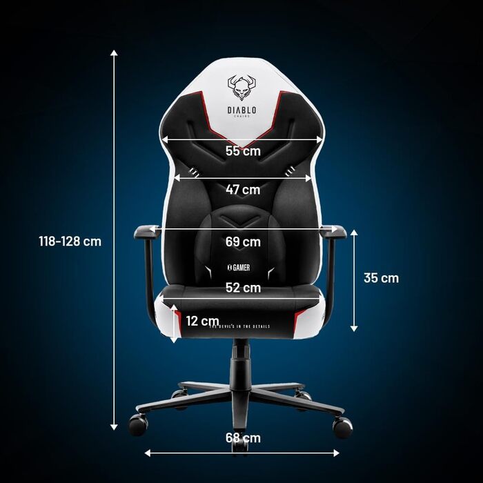 Геймерське крісло Diablo X-Gamer 2.0, офісне крісло, тканинний чохол, ергономічний дизайн, поперекова подушка, м&39яка накладка (чорно-білий), чорно-білий, 128 см x 68 см x 55 см