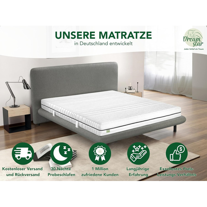 Матрац DREAMSTAR Vital Silver XXL з холодної піни, висота 24 см Ергономічний 7-зонний матрац, 90 x 200 см, рівень жорсткості H3 Гіпоалергенний та антибактеріальний Знімний чохол, який можна прати Сертифіковано Oeko-Tex (24 см, 90 x 200 см) H3 90 x 200 см