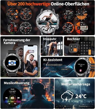 Чоловічий військовий смарт-годинник, великий акумулятор 1000 мАг, великий HD-дисплей 1,7 дюйма з функцією телефону, світлодіодний ліхтарик, фітнес-годинник з понад 110 спортивними режимами, відстеження серцевого ритму/сну, 3 браслети, IP68, сумісний з iOS