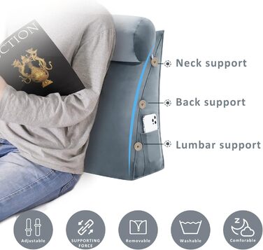 Подушка для спини Johnear зі знімним валиком для шиї, м&39яка оксамитова подушка для шиї, подушка для дивана, подушка для книги, подушка для читання, трикутна клиноподібна подушка, підтримка шиї (сіра, 60 см) Оксамитова сіра подушка для шиї 60 x 22 x 50 с