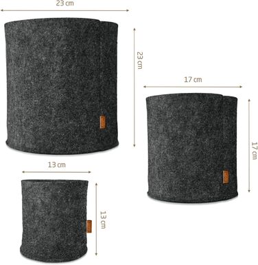 Кошик Miqio Design Premium Felt - Круглі кошики для зберігання - Набір з 3 шт. - Кошик для рослин - Квітковий горщик - Сертифіковано Oeko-Tex - Складаний органайзер для всіх кімнат - Темно-сірий