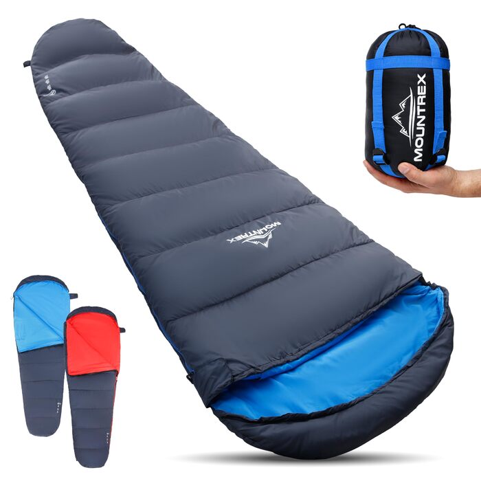 Спальний мішок MOUNTREX Зима Літо - Маленька упаковка та надлегкий (760 г/1500 г) - Літній спальний мішок для кемпінгу на природі (100 г/м) / Зимовий спальний мішок (300 г/м) Мумія-спальний мішок Теплий та зручний темно-синій/синій літній спальний мішок