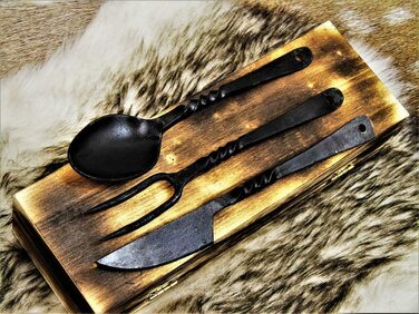 Середньовічний набір столових приборів, кована сталь ручної роботи, ніж, виделка, ложка 4261