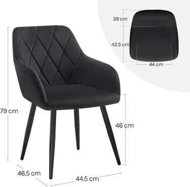Комплект із 2 обідніх стільців з підлокітниками та спинками, для їдальні, вітальні, кухні, м&39які кухонні стільці з оксамитовим покриттям, металеві ніжки, чорний, комплект із 2 шт.