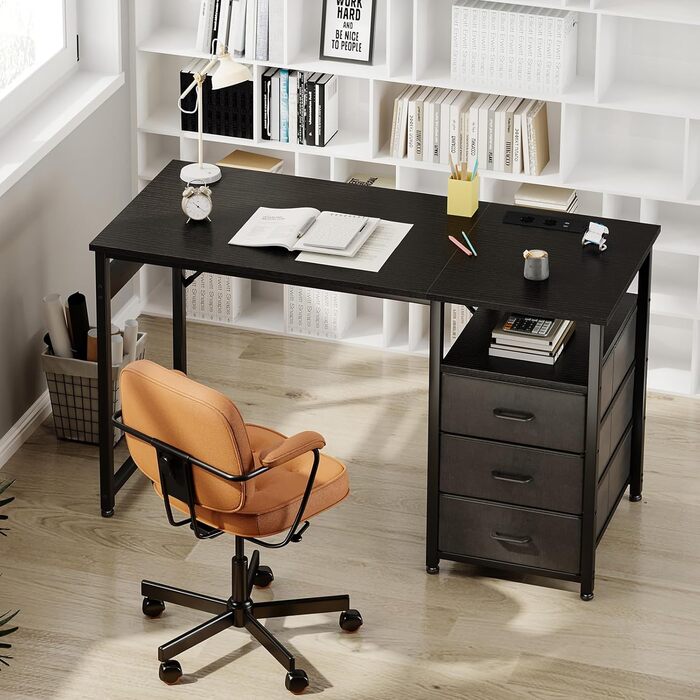 Письмовий стіл ODK з 3 шухлядами, тканина, 120x48x75,5 см, комп&39ютерний стіл з 2 розетками та USB-портами, двосторонній ПК-стіл, офісний стіл для домашнього офісу, чорний 120x48x75,5 см чорний