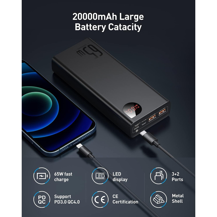 Powerbank Baseus 65W PD QC 4.0, 20000mAh, USB-C вхід/вихід