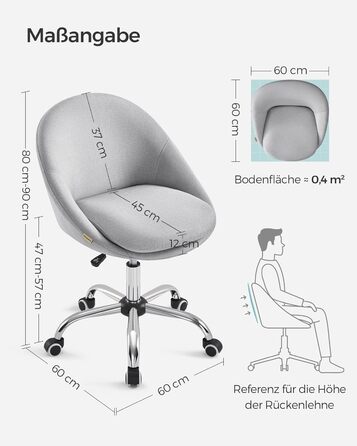 Крісло для домашнього офісу SONGMICS, Туалетне крісло з бавовняно-льонної суміші, Робоче крісло, Пінопластова підкладка, Регульована висота, Для кабінету, Спальня, Голубино-сірий OBG020G01 Сіра бавовняна суміш