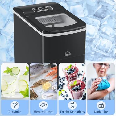 Машина для приготування кубиків льоду HOMCOM, льодогенератор 9 кубиків льоду за 8 хвилин, 12 кг/24 години, льодогенератор з резервуаром для води 2 л, функція самоочищення, LED-дисплей, для кухні, офісу, бару, вечірки, чорний