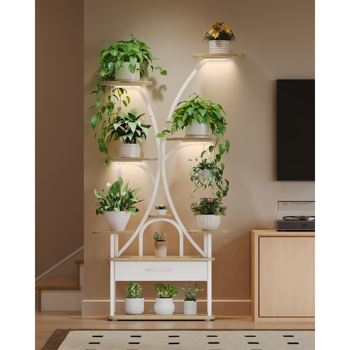 Підставка для рослин Hzuaneri з лампою для вирощування, 9-ярусна підставка для квітів з 4 світлодіодними лампами RG, регульований колір та час, 164 см, ідеально підходить для вітальні, балкона, саду, біла, PS16016WEU 9 ярусів білого кольору