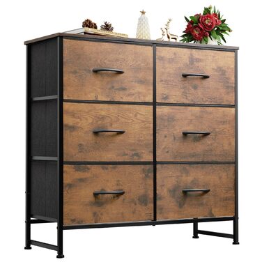 Комод WLIVE з 6 тканинними шухлядами, комод для спальні, комод для вітальні, з міцним сталевим каркасом, дерев&39яна стільниця, вінтажний коричнево-чорний