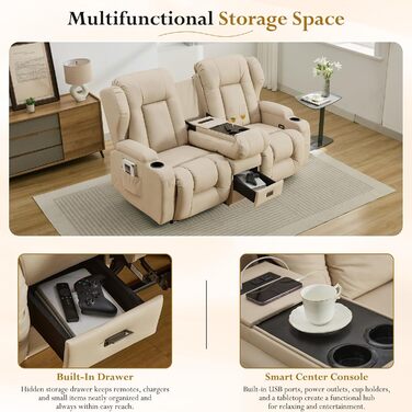Двомісний диван з функцією сну, крісло-рекордер для телевізора з функцією відкидання спинки, сидіння для домашнього кінотеатру з консоллю, підсклянник, шухляда, розетка, бежевий
