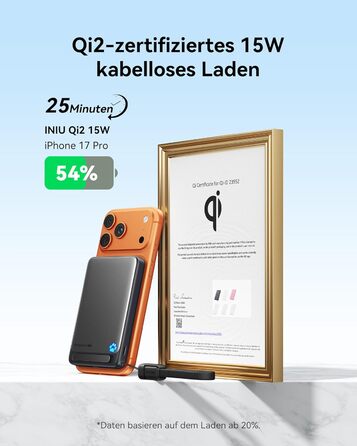 Найтонший магнітний портативний зарядний пристрій ємністю 10000 мАг, сертифікований Qi2, потужністю 15 Вт, надшвидкі зовнішні акумулятори для телефону потужністю 45 Вт з кабелем USB-C, портативний зарядний пристрій із підставкою лише для iPhone 17, 16, 15