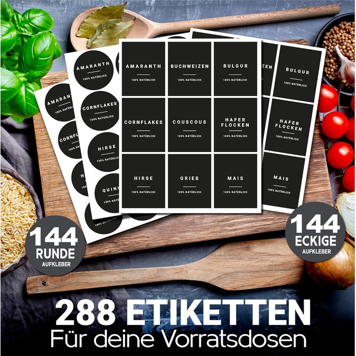 Етикетки для зберігання - Набір для кухні XXL Чорний - самоклеючі (288 шт. ) - Наклейки круглі мінімалістичні - водонепроникні Ети