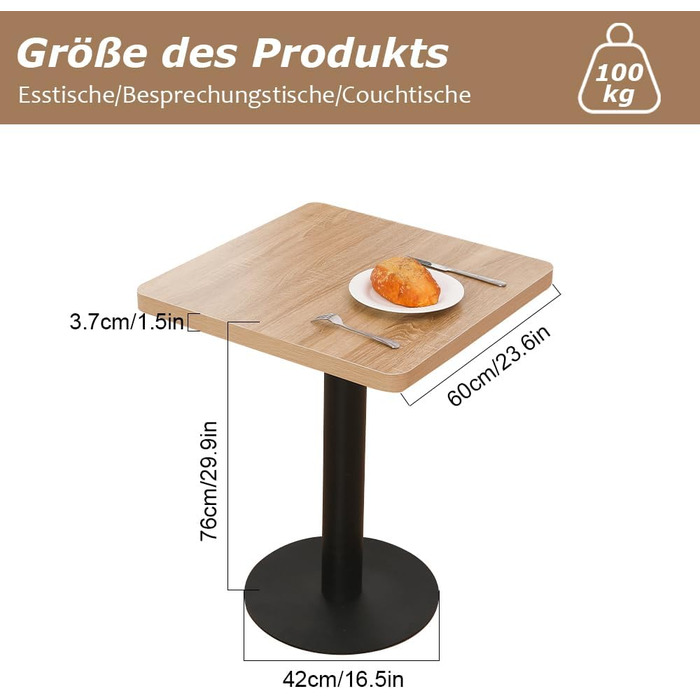 Обідній стіл Mingone 60 см, кухонний стіл, обідній стіл, маленький з дерев&39яною стільницею, квадратний стіл, дубовий вигляд з металевими ніжками, для вітальні, балкону, їдальні, 60x60x75 см, квадратний