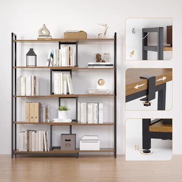 Книжкова полиця Mondeer, окремостояча полиця з 5 полицями, регульована ширина від 80 до 146 см, для вітальні, кабінету, офісу, вінтажно-коричневий колір