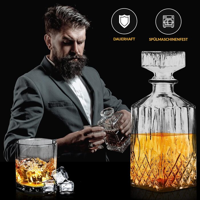 Графин для віскі Krollmann 900 мл з 4 склянками для віскі - скляний графин у вигляді кришталевої пляшки - графин для віскі для сер
