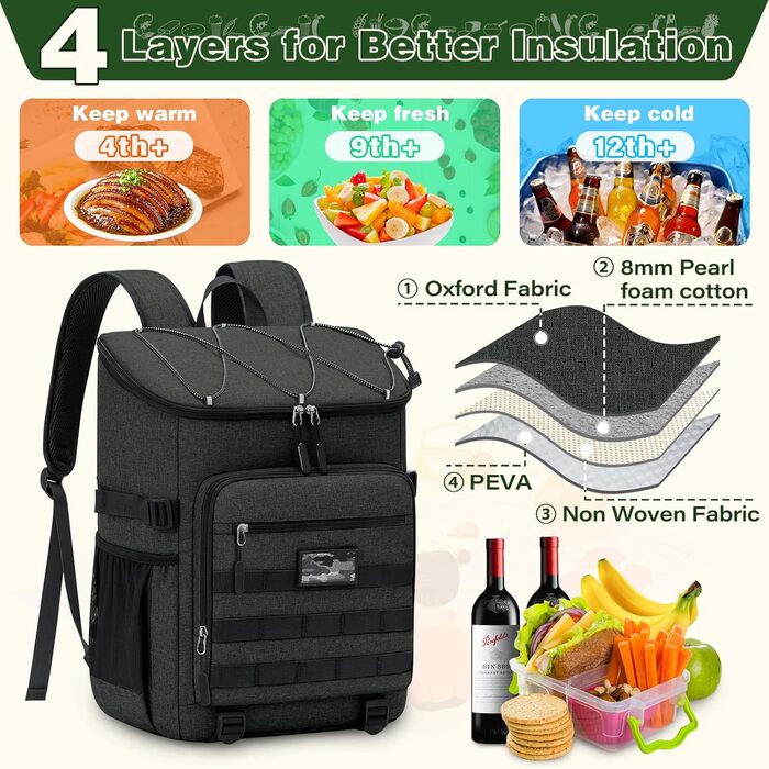 Рюкзак-холодильник NEWHEY 30L Водонепроникний ізольований сумка-холодильник великої місткості Термальний рюкзак для пікніка Легкий сумка-холодильник, герметичний для роботи на свіжому повітрі, кемпінгу, пляжного туризму, чорного кольору